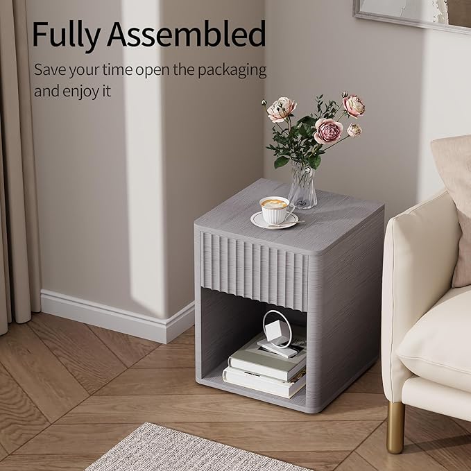 VICITON Fluted Narrow Night Stand,Thin Nightstand with Leather Surface, Small End Table with Storage, Living Room/Bed Side Table for Small Spaces (Light Gray, Large)