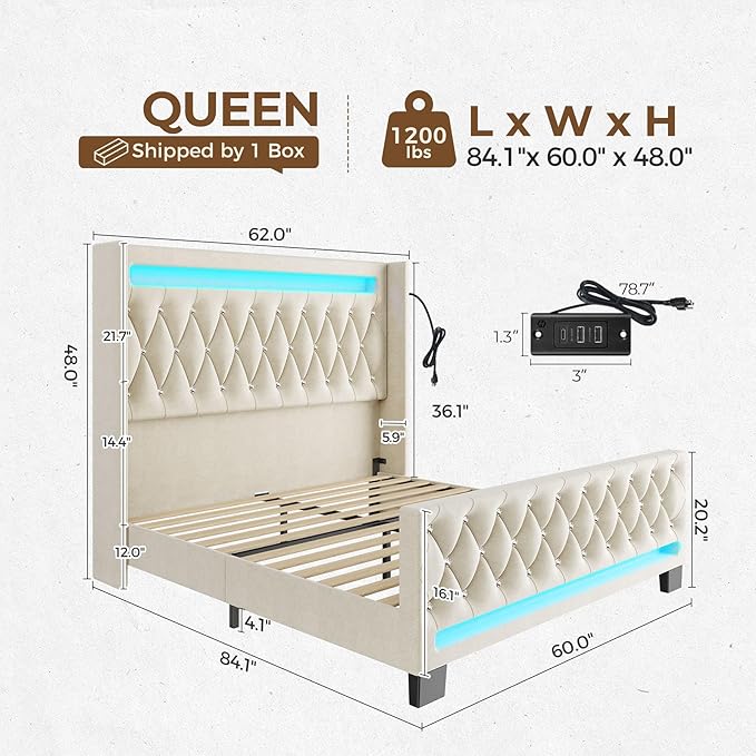 Rolanstar Queen Bed Frame with LED Light and Charging Station, Upholstered High Headboard and Footboard, Wood Slats, Noise Free, Easy Assembly, Beige