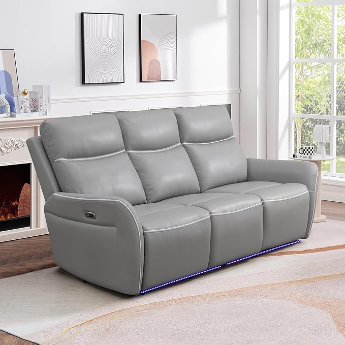 2 Piece Power Recliner Sofa for Living Room, Breathing Leather Reclining Couch and Loveseat Set with LED Lighting, Cup Holders, Storage Console&USB Port for Home Theater Seating (Light Grey)