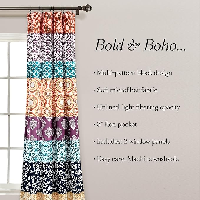 Lush Decor Bohemian Stripe Window Curtain Panels, Pair 52" W x 84" L Fuchsia & Orange - Light Filtering Curtains for Bedroom - Boho Curtains - Maximalist Decor