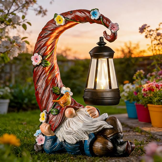 Garden Gnomes Outdoor Statue with Solar Light, Waterproof Resin Gnome Decor, Funny Garden Sculptures for Patio Lawn Yard, Mom Gifts for Mother’s Day Housewarming