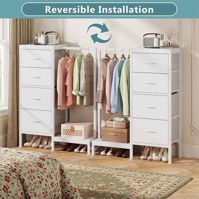 Dresser with Hanging Rack, 4 Drawers Small Closet for Bedroom, Reversible Fabric Kids Chest of Drawers with Clothes Rack, Tall Storage Tower, Sturdy Frame, White, 44''H