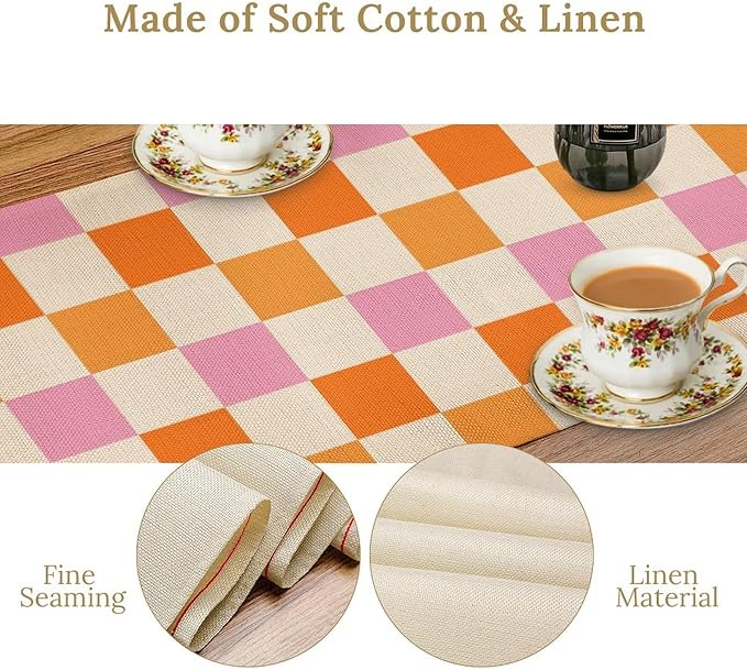 Hippie Table Runner Vintage Geometric Square Grid Yellow Orange Pink 1960s 1970s Retro Country Farmhouse Dinner Runner for Living Room Kitchen Party Holiday Dinner Home 13x70in