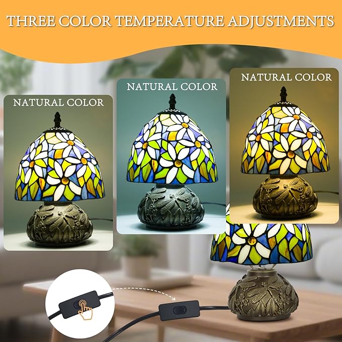 JHuiLap Small Tiffany Stained Glass Lamp, 3 Color Temperatures Bedside Lamp, 8 Inch Mushroom Desk Light for Bedroom Living Room Office Home Decor (White Flower Pattern)