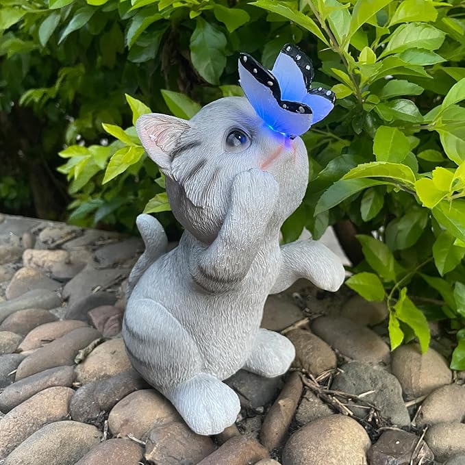 Solar Cat Outdoor Figurines Garden Decor with Butterfly Light for Lawn Ornaments Porch Patio Balcony Yard Decorations Outdoor Birthday Gifts for Women Grandma Mother’s Day