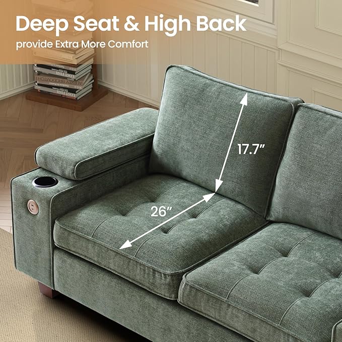 74" Loveseat Couch for Living Room, Modern Chenille Upholstered Sofa with Adjustable Armrest,Storage,Cup Holders,USB & Type-C Ports,Solid Wood 2-Seater Loveseat Sofa for Apartment(Green)