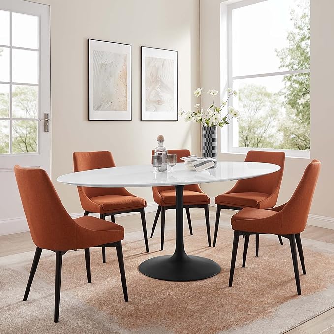 Modway Lippa 78" Oval-Shaped Mid-Century Modern Dining Table with White Wood Top and Black Base