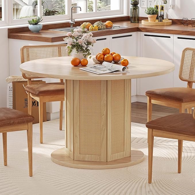 YITAHOME Round Dining Table for 4-6 People Circle Dining Table with Wooden Rattan Base Modern Farmhouse Kitchen Table Round for Dining Room Kitchen Apartment, Natural Oak