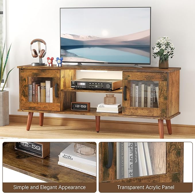 Wood TV Stand for 55 Inch TV, Mid Century Modern Entertainment Center with Adjustable Shelf, Sensor LED Light, 2 Cabinets, TV Media Console for Living Room Bedroom Rustic Brown