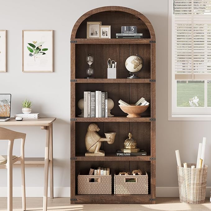 GarveeHome Bookcase 5 Shelf Arched Bookshelf 71.65in Tall Bookcase Farmhouse Display Storage Rack Wooden Bookshelves for Home Office, Living Room (Brown)