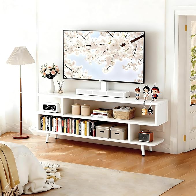Lightdot TV Stand for TVs up to 45'', Modern Entertainment Center with 3 Storage Open Large Capacity for Collection, Media Console Table for Living Room/Entrance/Sofa Cabinet,Easy Assembly-White