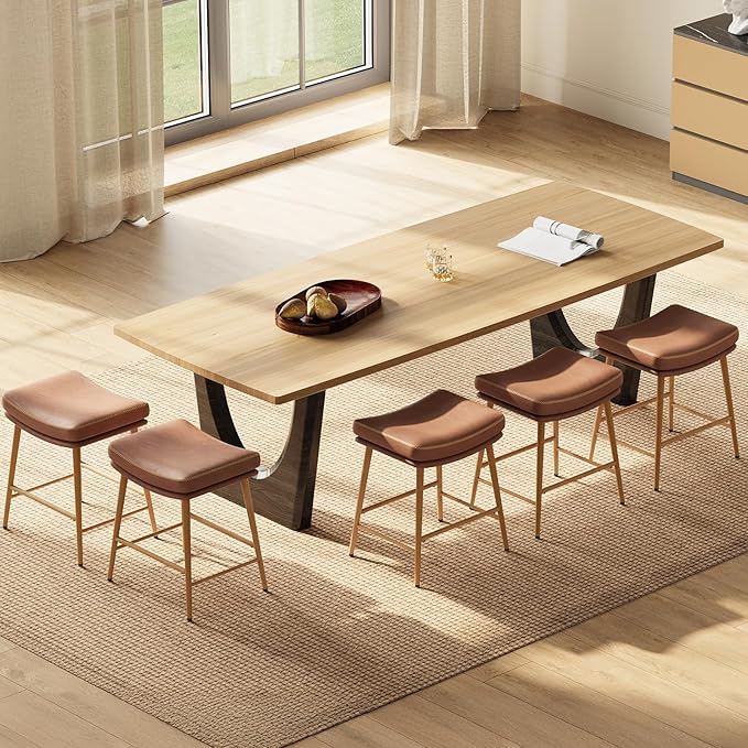 Bar Stools Set of 5, Counter Height Bar Stools with Thick PU Leather Saddle Seat & Sturdy Metal Frame Legs,Backless Bar Stools for Kitchen Island Dining Cafe,Brown