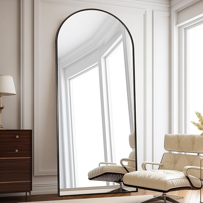 Floor Length Mirror, 76"x34" Arch Full Length Mirror Hanging or Leaning, Body Mirrors with Stand, Arched-Top Wall Mounted Mirrors with Aluminum Frame for Bedroom (Black)