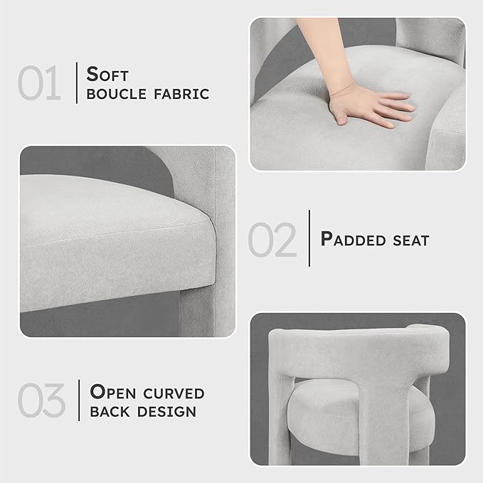 Lexicon Modern Boucle Upholstered Dining Chairs Set of 2, Curved Backrest Accent Chair with Plywood Frame and Plush Seat, for Dining Room, Home Office, No Assembly Required, Light Grey