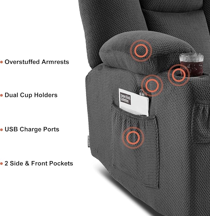 MCombo Zero Gravity Loveseat Power Reclining Sofa with Console, Heat and Vibration Massage, Recliner Couch for Living Room, Fabric 6035SET (Grey, Loveseat)