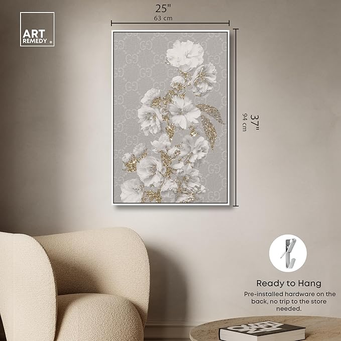 Art Remedy Floral in Classic Fashion Canvas Delicate Farmhouse Wall Art, White Frame, 24" x 36"