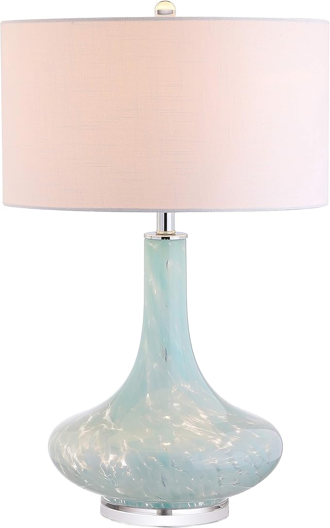 JONATHAN Y 29" Ice Blue Teardrop Glass LED Table Lamp, Contemporary Gourd Lamp with White Linen Drum Shade and Chrome Base for Living Room Bedroom, LED Bulb Included JYL2001A