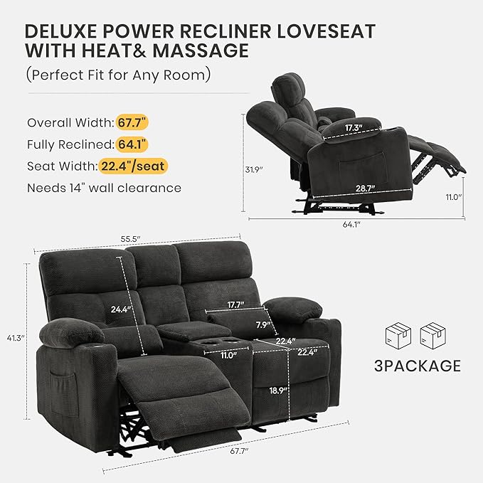 GUEAPY 68" Power Reclining Loveseat with Heat & Massage, Wall Hugger Double Reclining Sofa with Console, Cup Holders & Storage, Power Recliner Couch for Camper, Trailer, RV, Home Theater Living Room
