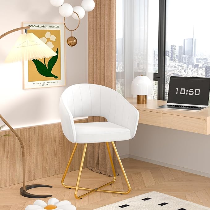 VECELO Velvet Accent Chair, Luxury Vanity & Dining Chair with Gold Cross Base, 360°Swivel Upholstered Armchair for Living Room, Bedroom, Home Office, Pearl White