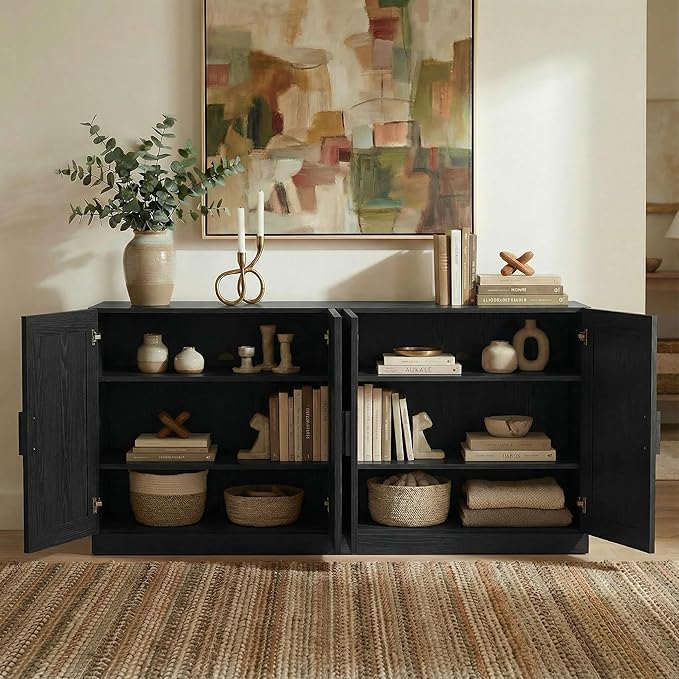Casaphoria Adam Sideboard Buffet Cabinet with Storage, Sideboard Cabinet with Rattan Doors & Adjustable Shelves, 62" W x 31" H Coffee Bar for Entryway Kitchen Living Room, Black