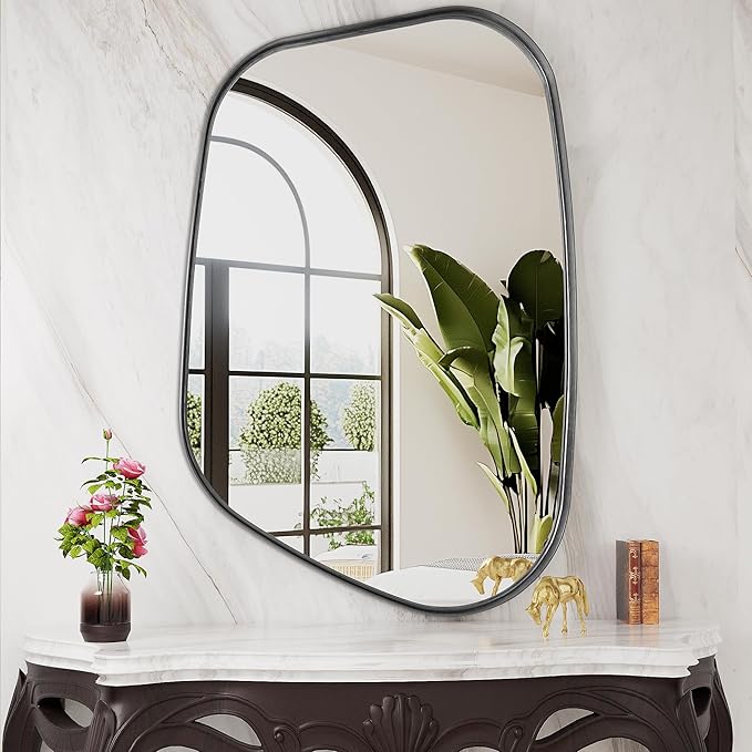 Irregular Wall Mirror 26"x40" Bathroom Mirrors Asymmetrical Artistic Decorative for Living Room Bedroom Bathroom Hallway Entryway,Trapezoid,Black