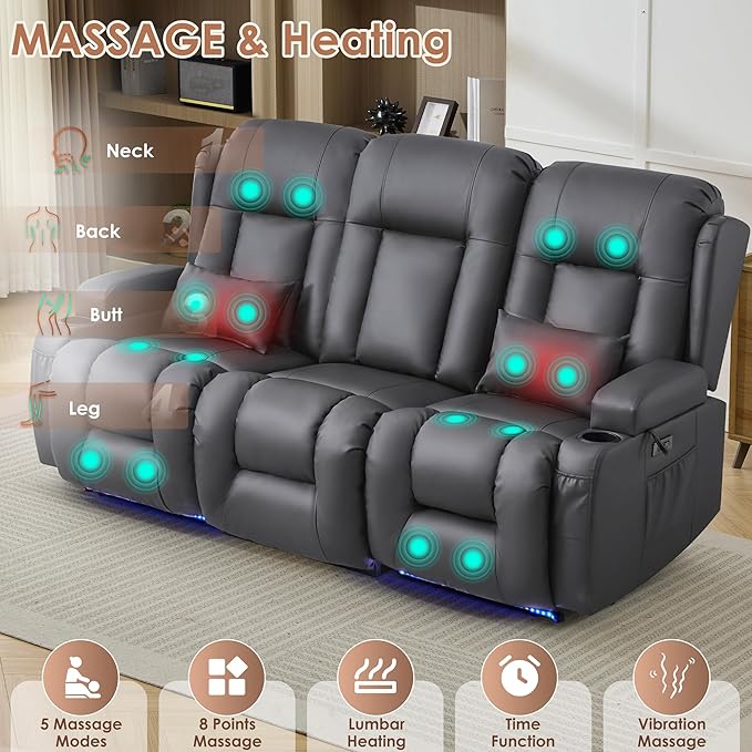 TUNYI Wall Hugger Loveseat Recliner Sofa with Console, Power Reclining Loveseat RV Couch with Massage & Heat/USB/Outlet/Storage/LED Light/Speaker (Light Grey, 3 Seat)