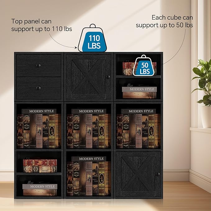 FUSUNBAO Magic DIY Cube Storage Organizer Stackable Cubes, Small Room Organizer Wooden Storage Boxes, Modern Bookshelves, Shelves for Home Books Clothes Toys (Black,2-Layer Cube)