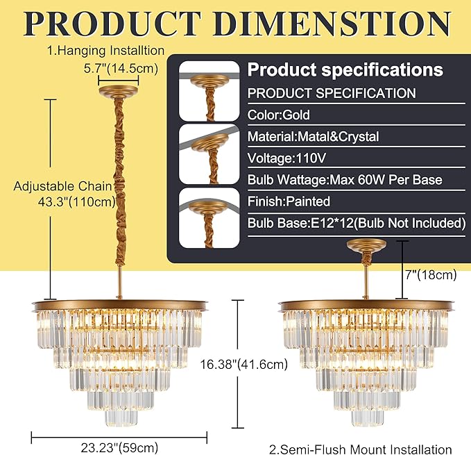 23.23" Gold Crystal Chandelier 12-Light Modern Crystal Pendant Ceiling Light Fixture 5-Tier Luxury K9 Crystal Chandeliers,for Dining Room Kitchen Island Living Room Bedroom