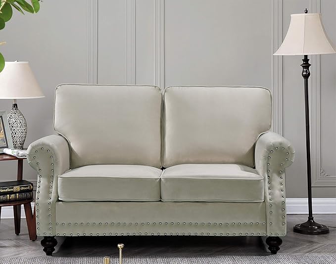 Container Furniture Direct Lotus Mid Century Modern Velvet Upholstered Living Room Rolled Arms, Sofa and Loveseat, Beige