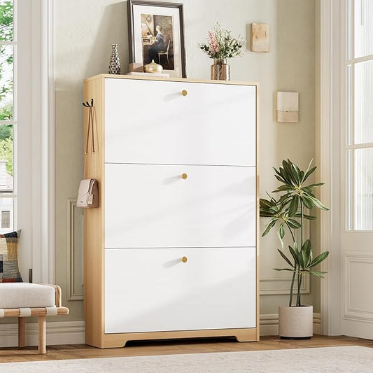 Nicetree Shoe Storage Cabinet for Entryway, Morden Shoe Cabinet, Freestanding Shoe Rack Cabinet, Hidden Shoe Dresser for Hallway,Foyer, Natural Oak and White