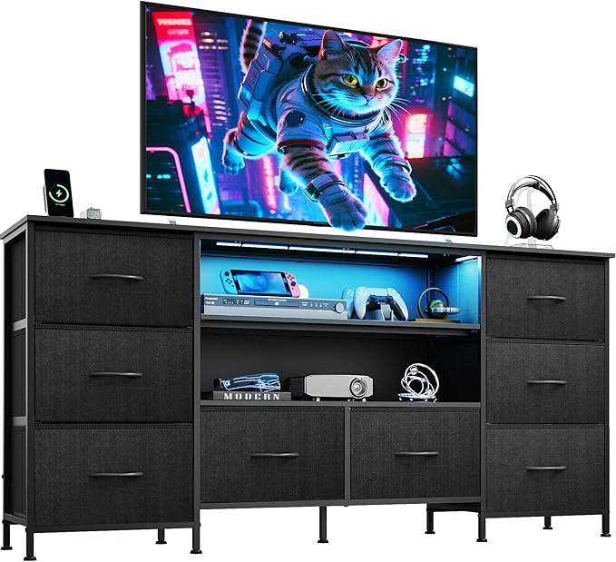 WLIVE TV Stand Dresser for 65,70 inch TV, Entertainment Center with LED Lights & 8 Long Fabric Drawers, Dresser TV Stand for Bedroom and Living Room, Black