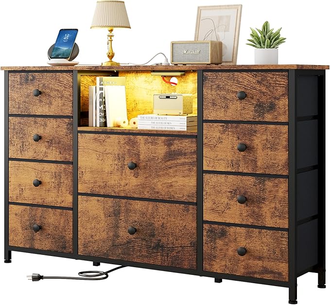 NONGSHIM Dresser with Charging Station and LED Lights, Long Dresser for Bedroom TV Stand with 10 Drawers, Fabric Chest of Drawers, Wide Storage Organizer, Rustic Brown, Dre003