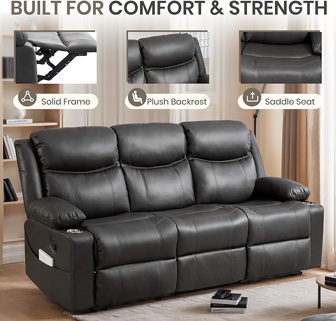 Manual Reclining Sofa Set, Double Recliner Loveseat and 3-Seater Sofa for Living Room, Faux Leather Upholstery with Sturdy Frame & Soft Cushions (Grey)