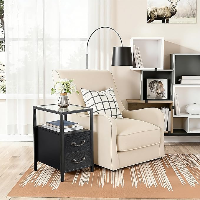 VECELO Narrow Side Table, Night Stand Sofa Table with Glass Top,Bedside End Tables with Storage Drawers,Wood Nightstand for Small Spaces Living Room Bedroom,Black