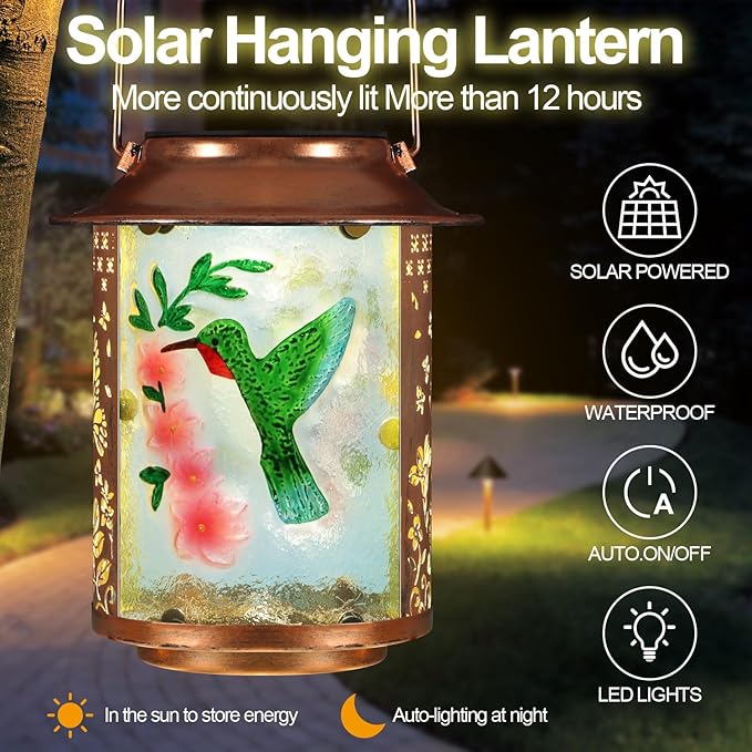 Solar Lanterns Outdoor Waterproof,Birthday Gifts for Women Mom Grandma Garden Decor,Hanging Solar Lights Wall Mount Decorations for Yard,Front Porch,Patio,Lawn Pathway Landscape(Hummingbird)