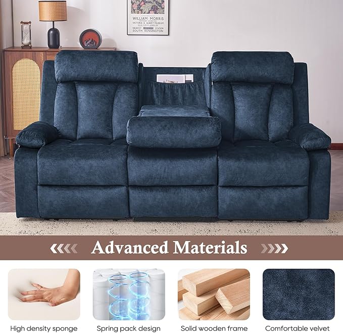 Power Recliner Sofa with Heat&Massage, Electric Reclining Couch with Multi-Function Console/USB Ports/Type C, Wall Hugger 3 Seater-Sofa Recliner, Reclining Sofa Couch for Living Room
