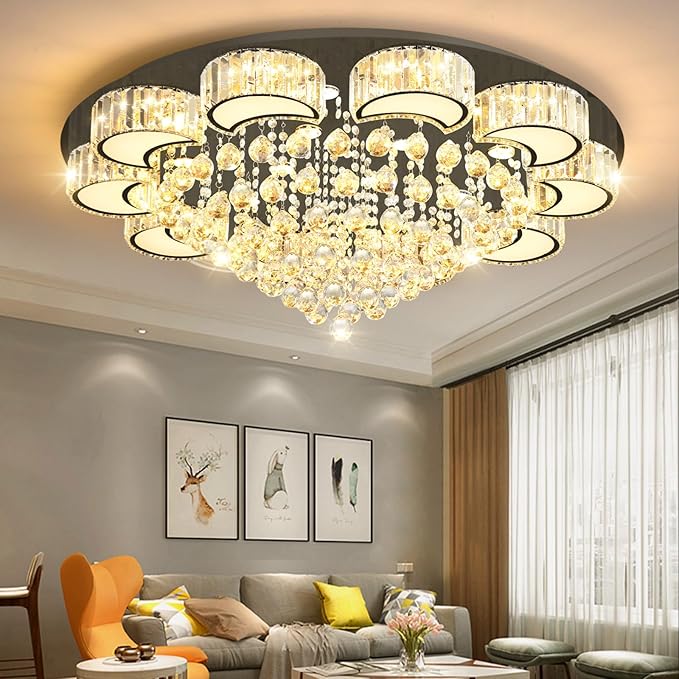 40'' Black Modern Crystal Chandeliers for Dining Room LED Dimmable Light Fixtures Flush Mount Light Living Room Bedrooms