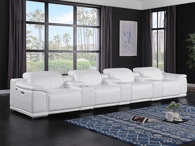 BlackJack Furniture Venice Top Grain Italian Leather Power Recline 7 Piece 4 Seater Sofa - 175" Theater Seating Modern Couch for Living Room Apartment with Adjustable Headrests & USB Port, White