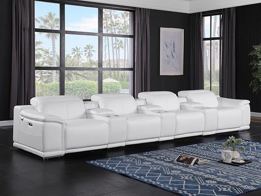 BlackJack Furniture Venice Top Grain Italian Leather Power Recline 7 Piece 4 Seater Sofa - 175" Theater Seating Modern Couch for Living Room Apartment with Adjustable Headrests & USB Port, White