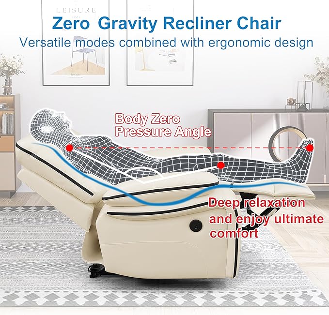 Power Recliner Sofa for Living Room, Air Leather Reclining Sofa 3 Seat with Flip-Down Middle Backrest, LED Lighting, USB Charging Port (Off White)