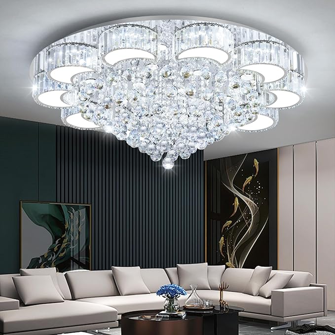 39.4'' Silver Modern Crystal Chandeliers for Dining Room LED Dimmable Light Fixtures Flush Mount Light Living Room Bedrooms