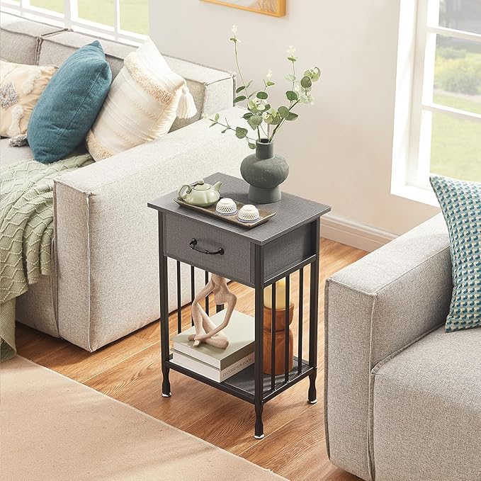 VECELO Nightstands, Industrial Side Table/End Tables with Drawer and Storage Shelf, Night Stands for Bedroom, Living Room, Wood Metal Furniture, Easy Assembly,Hemp Gray,1 Set
