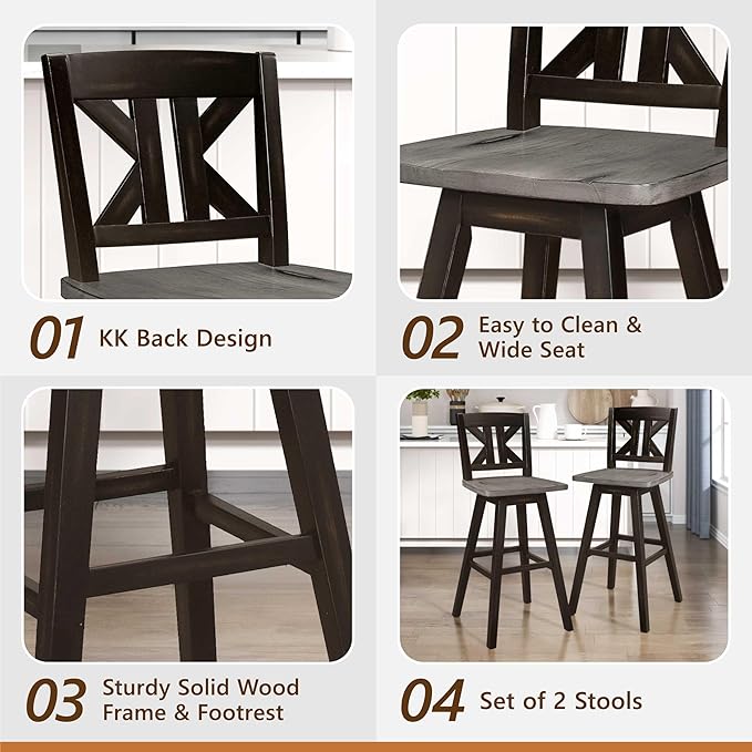 Lexicon Bar Height Bar Stools Set of 2-Solid Wood Frame 360° Swivel Wooden Stools, Foot Rest, KK Back, Wide Seat, Distressed Farmhouse Easy to Clean Finish, 28.5" SH, Antique Black/Grey