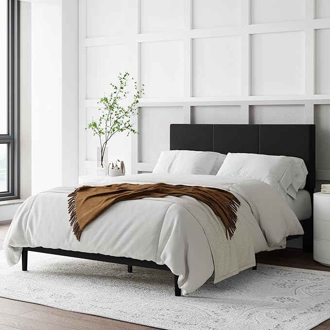 Full Size Bed Frame with Upholstered Headboard, Sturdy Wood Slats, No Box Spring Required, Silent, Easy Assembly,Black