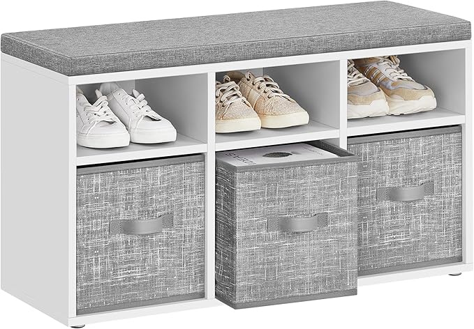 VASAGLE Shoe Bench with Cushion, Shoe Storage Bench with 6 Compartments and 3 Adjustable Shelves, Entryway Bench with 3 Storage Boxes, for Bedroom, Closet, Living Room, Cloud White ULSB101W14