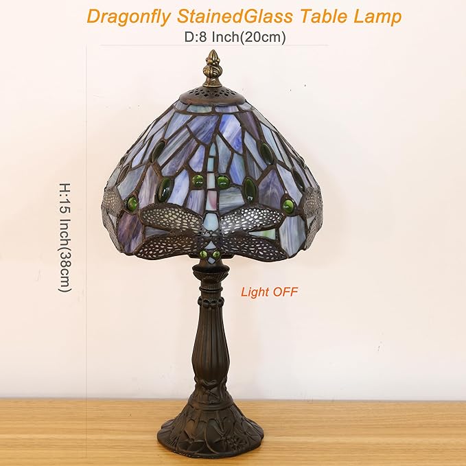 Tiffany Small Table Lamp Blue Dragonfly Hand-Made Stained Glass Table Lamps for Bedroom 8.5X8.5X15 Inch Night Light Bedside Nightstand Home Office Desk Lamp W/ E12 LED Bulb