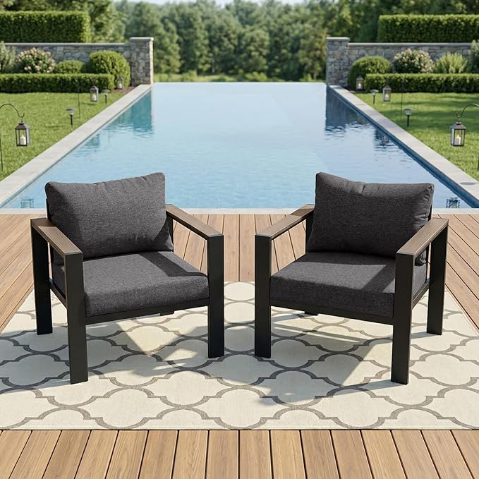 Outdoor Patio Furniture Set 2 Pieces Armchair with Washable Thick Cushions, Luxury Aluminum Patio Furniture Chair Modern Outside Sectional Set for Porch, Balcony, Deck, Yard, Dark Gray
