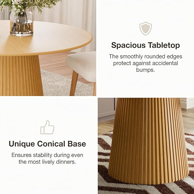 Casaphoria 46" Round Dining Table, Modern Wood Kitchen Table with Cone Grating Bar Base for Living Room & Dining Room, Easy Assembly Farmhouse Furniture for 4-6, Oak