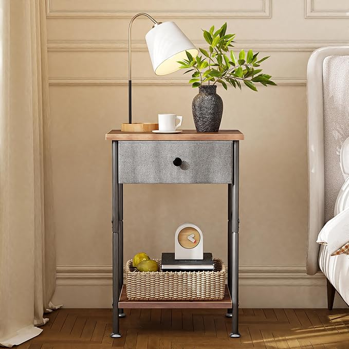 VECELO End Tables, Modern Nightstand with Fabric Drawer & Open Shelf, Night Stand for Bedroom Living Room, Industrial Metal Frame, Easy Assembly, Rustic Brown,1 Pack