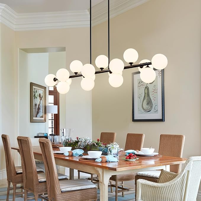 Linear Chandeliers for Dining Room, 55in Sputnik Chandeliers 16-Light Glass Globe Chandelier Black Milk White Bubble Modern Chandelier Large Pendant Lights Kitchen Island Lighting